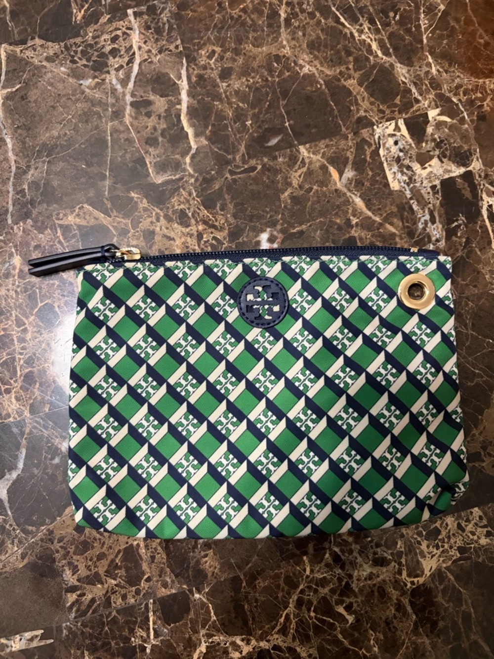 Tory Burch Green and Navy Checker Logo Zip Pouch
